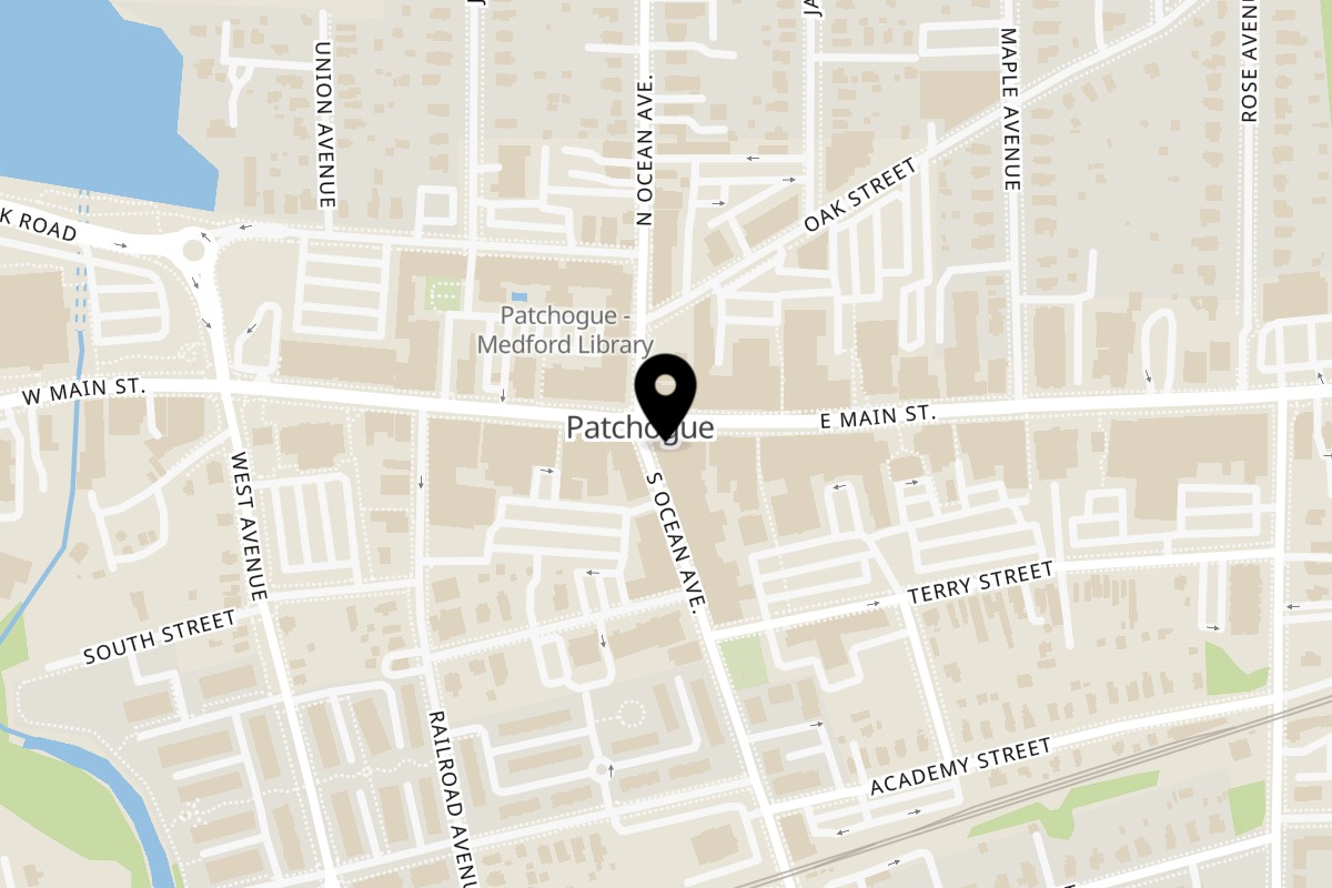 Map showing the location of Village Idiot Pub Patchogue on 8 E Main St in Patchogue
